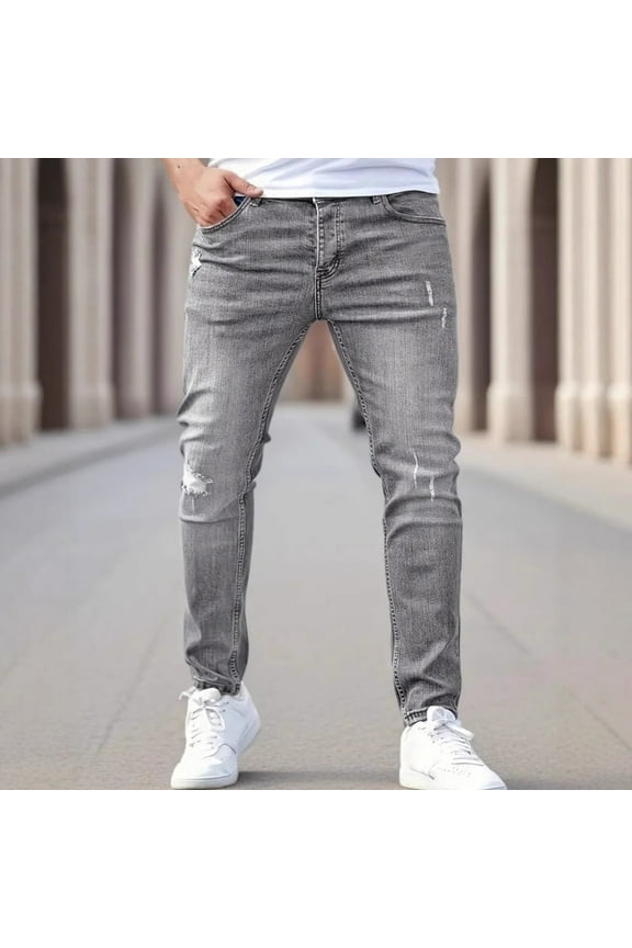 Men's Stretch Casual Pants, Slim Fit Tapered Synthetic Denim Look Trousers, Lightweight Distressed Performance Slacks with Pockets