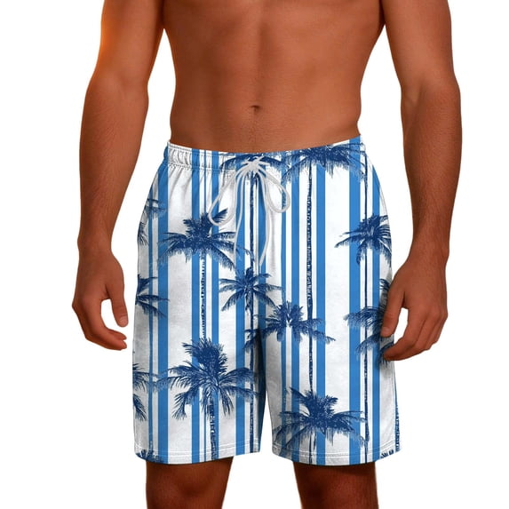 EaskTriop Men's Swim Trunks Double-layer Drawstring Elastic Waist Quick Dry Bathing Suit Striped Palm Tree Board Shorts Swimwear Anti-Chafe