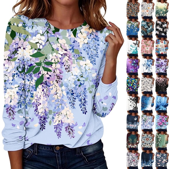 EaskTriop Plus Size Women Long Sleeve Blouses Loose Fashion Fall Crewneck Dressy Tunic Tops Floral Printed Boho T Shirts