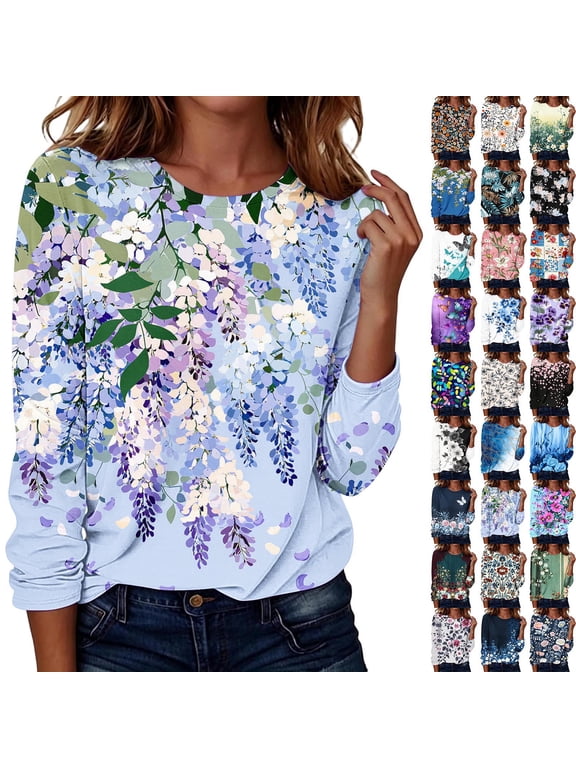 Plus Size Women Long Sleeve Blouses Loose Fashion Fall Crewneck Dressy Tunic Tops Floral Printed Boho T Shirts