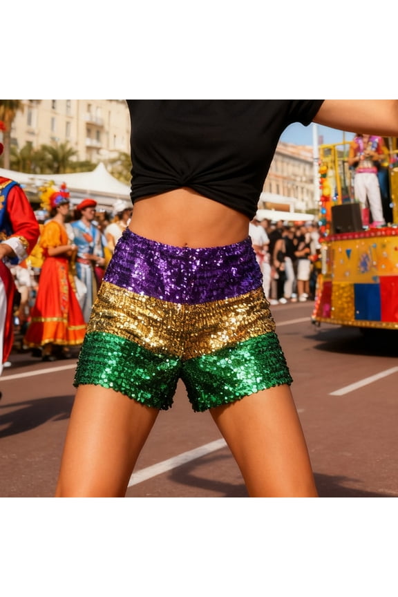 Sequin Shorts for Women High Waisted Shiny Glitter Purple Gold Green Mardi Gras Shorts Trendy Summer Beach Vacation Clothes Comfy