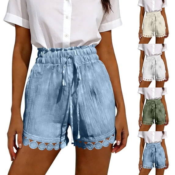 EaskTriop Shorts for Women Summer Casual High Waisted Wide Leg Smocked Drawstring 2026 Beach Vacation Clothes Boho Lace Trim Flowy Shorts