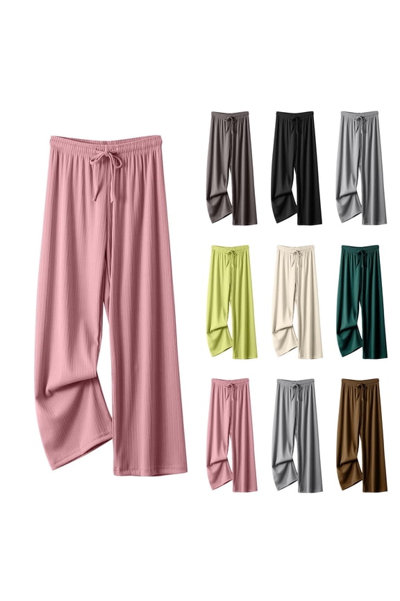 Women High Waisted Wide Leg Pants Dressy Casual Trousers Ribbed Knit Flowy Palazzo Slacks with Drawstring Elastic Waistband
