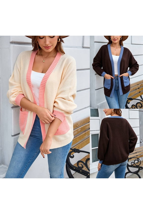 Women Mid Regular Length Fastener-Free Knit Cardigan, Rib Cuff Hem Long Sleeve Solid Plain Weave Knit Outerwear
