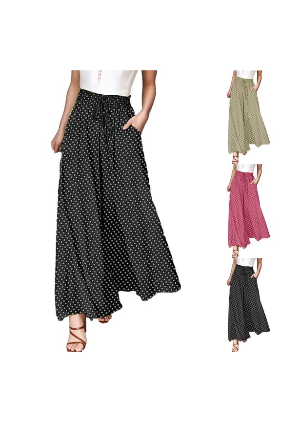 Women Wide Leg Palazzo Pants High Waisted Polka Dot Drawstring Elastic Waist Trousers with Pockets Casual Loose Flowy Comfy Slacks