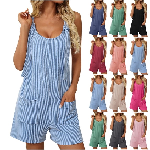 EaskTriop Women's Casual Ribbed Short Jumpsuit One Piece Summer Outfits Sleeveless Scoop Neck Romper with Pockets Loose Fit Comfy Beach Vacation
