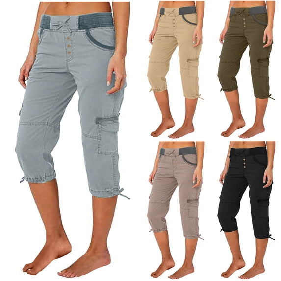 EaskTriop Women's Cropped Pants Drawstring Hem Capri with Pockets Quick-Dry Elastic High Waist Summer Vacation Utility Lounge Slacks