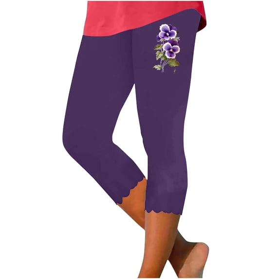 EaskTriop Women's High Waisted Capri Leggings Floral Print Scalloped Hem Cropped Yoga Pants Athletic Workout Summer Tights for Gym Beach