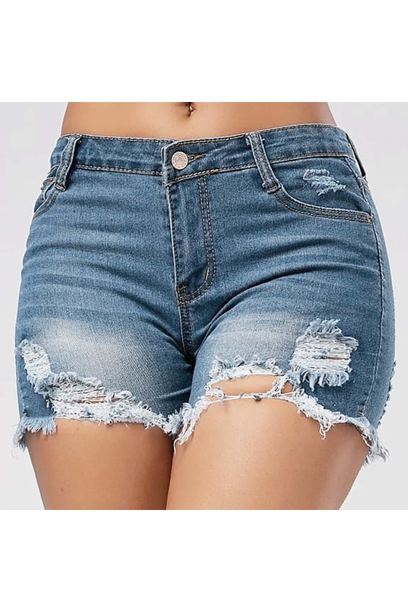 Women's High Waisted Jean Shorts Stretchy Slim Fit Distressed Denim Shorts Ripped Frayed Hem Summer Trendy Shorts with Pockets Blue