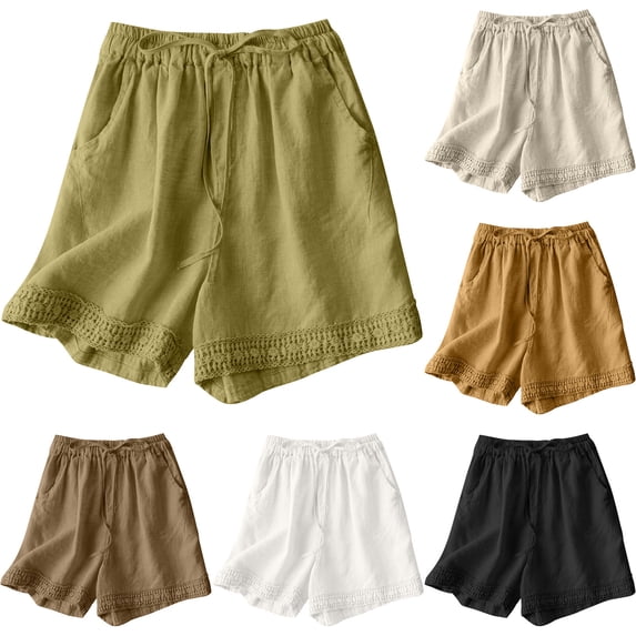 EaskTriop Women's High Waisted Shorts Comfy Relaxed Fit Drawstring Lace Hem Summer Shorts Breathable Linen Look Beach Lounge Shorts with Pockets