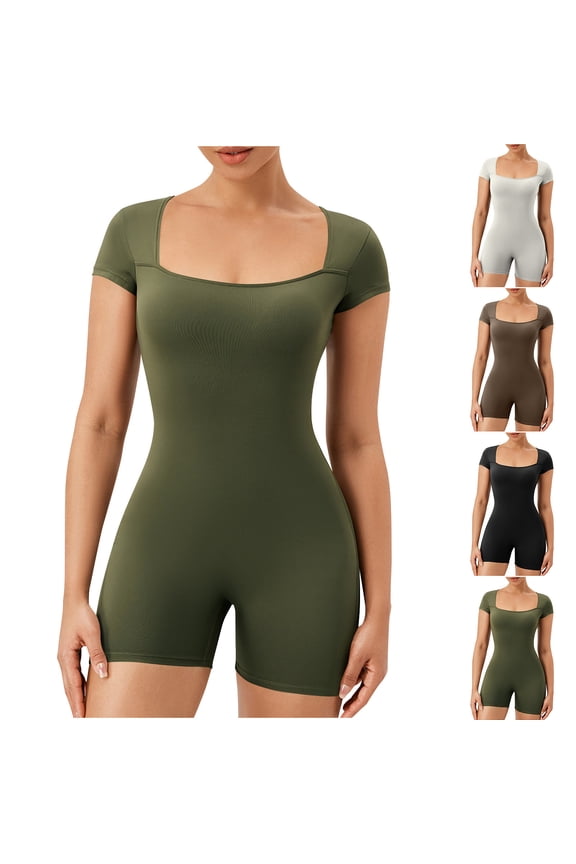 Women's One Piece Romper Bodysuit Square Neck Short Sleeve Slim Fit Summer 2026 Trendy Comfy Lounge Activewear Shorts Suit