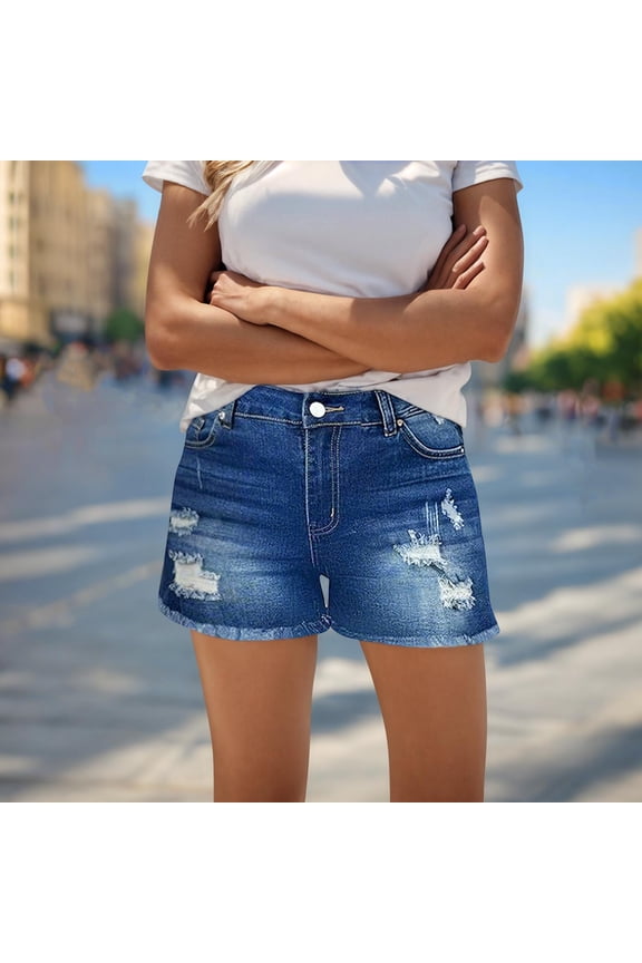 Women's Stretchy Denim Shorts Distressed Ripped Jeans Shorts High Waist Frayed Raw Hem Summer Casual Beach Vacation Clothes