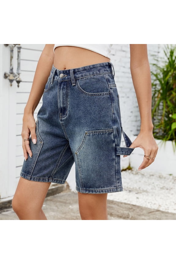 Women's Stretchy Denim Style Shorts High Waisted Bermuda Shorts with Pockets Casual Summer Workwear Utility Jorts Denim Pants
