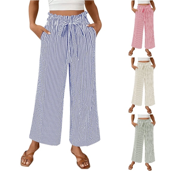 EaskTriop Women's Striped Wide Leg Pants High Elastic Waist Business Casual Slacks Pockets Soft Summer Flowy Lounge Trousers Drawstring