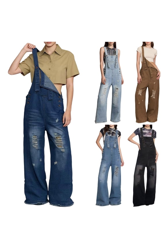 Women's Wide Leg Jumpsuits Distressed Denim Overalls Baggy Ripped Rompers High Waisted Stretchy One Piece Outfits with Pockets 2026