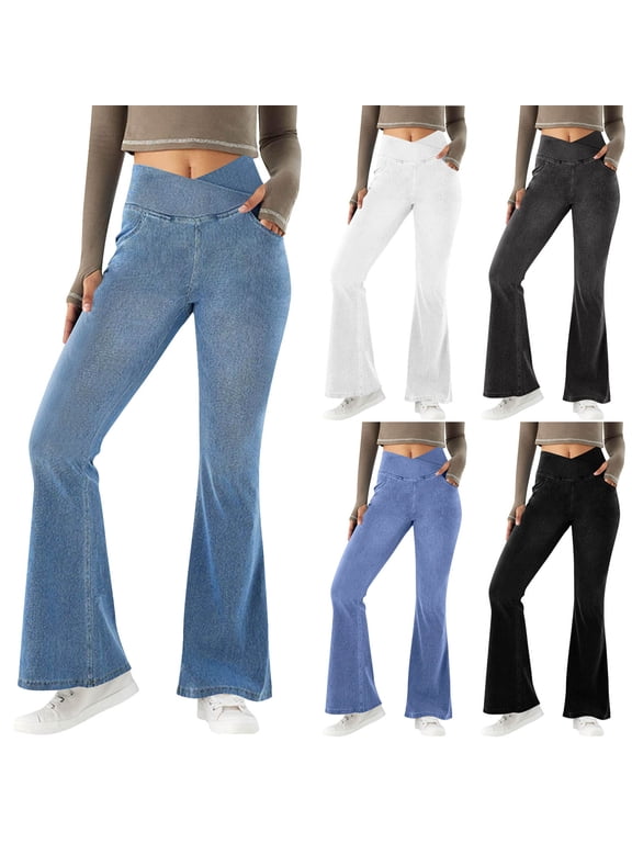 Women's Yoga Flare Pants Crossover High Waist Stretchy Bootcut Leggings with Pockets Dressy Casual Workout Trousers Lounge