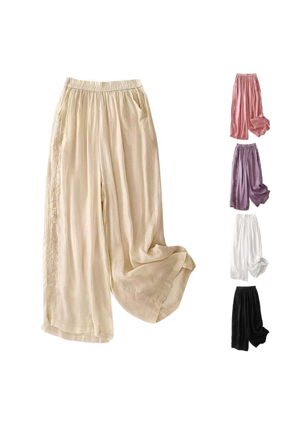 Womens Baggy Wide Leg Pants Elastic High Waisted Flowy Palazzo Trousers with Pockets Lightweight Summer Beach Vacation Lounge Wear