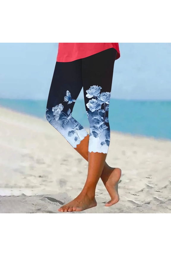 Womens Capri Leggings High Waisted Floral Print Scalloped Hem Skinny Yoga Pants Summer Casual Beach Lounge Stretchy Trousers