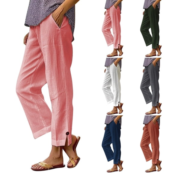 EaskTriop Womens Casual Elastic Waist Pants Straight Leg Trousers Business Work Office Slacks with Pockets Cropped Capris Button Hem Slits