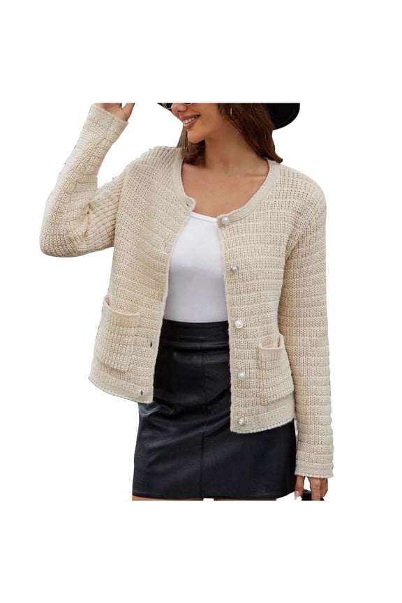 Womens Crew Neck Button Front Knit Cardigan, Long Sleeve Dual Patch Pocket Waffle Textured Regular Fit Knit Outer Top