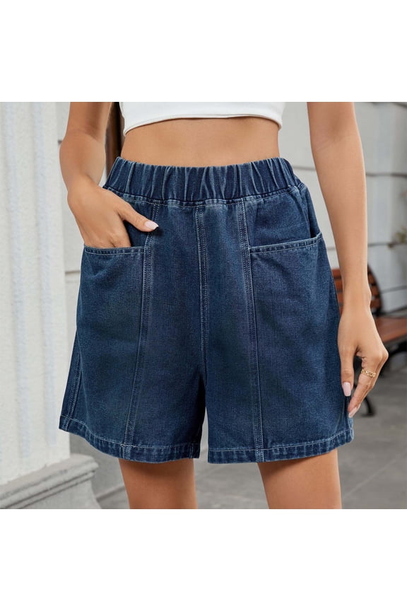 Womens Elastic Waist Shorts Wide Leg Loose Fit A-Line Shorts with Deep Pockets Summer Fashion Trendy Stretchy Denim Shorts