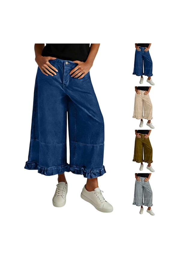 Womens High Waisted Wide Leg Pants Ruffle Cropped Trousers Stretchy Flowy Palazzo Capri Slacks with Pockets Boho Summer Clothes