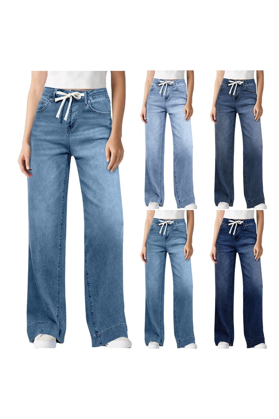 Womens High Waisted Wide Leg Pants Stretchy Denim Look Palazzo Trousers Drawstring Loose Beach Vacation Summer Outfits