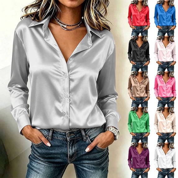 EaskTriop Womens Satin Shirts Loose Fit Button Down Lapel Collar Long Sleeve Elegant Business Office Daily Shirt
