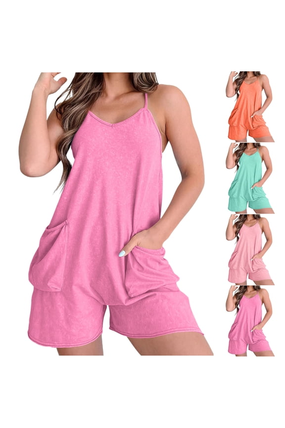 Womens One Piece Short Jumpsuit Spaghetti Strap V Neck Beach Rompers with Pockets, Wide Leg Stretchy Summer Fashion Outfits Trendy