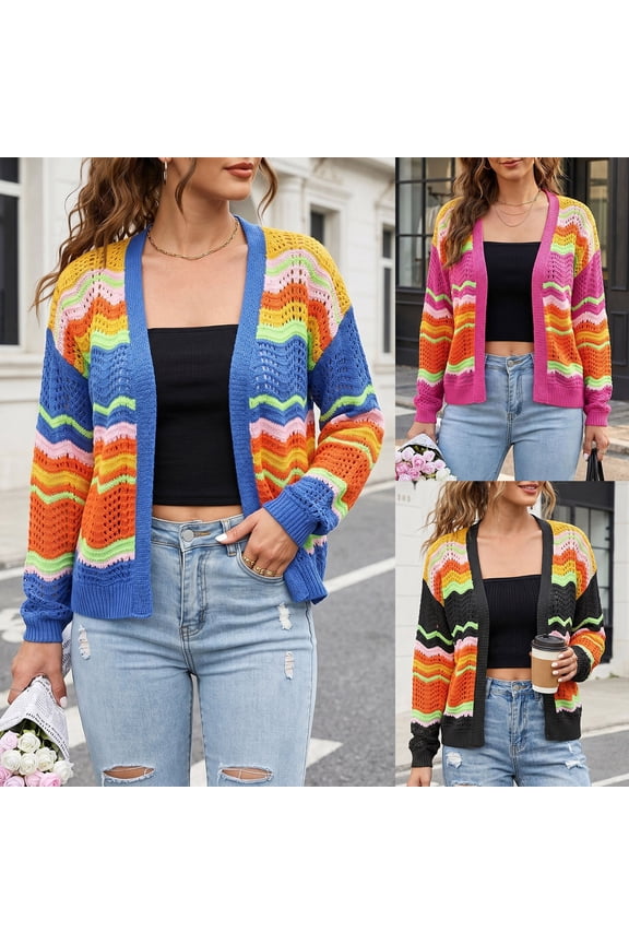 Womens Open Front V Neck Knit Cardigan, Cropped Long Sleeve Full Rib Trim Relax Fit Hollow Weave Knit Layering Outer Top