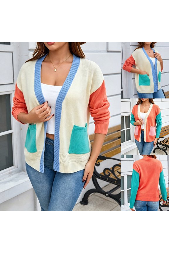 Womens Open Front V Neck Knit Cardigan, Mid-Length Loose Long Sleeve Dual Patch Pocket Full Rib Trim Knit Layering Outer Top