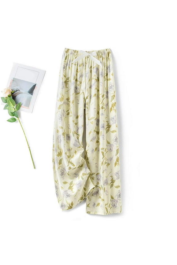 Womens Palazzo Pants High Waisted Floral Wide Leg Pants Elastic Waist Drawstring Lounge Pajama Trousers Casual Soft Flowy Slacks