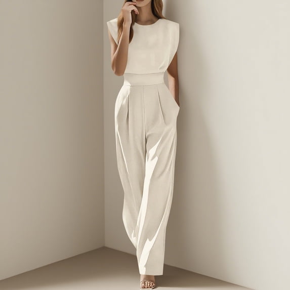 EaskTriop Womens Summer Wide Leg Jumpsuits Flowy High Waisted Palazzo Pants Sleeveless Casual Beach Vacation Lounge Outfits with Pockets Trousers