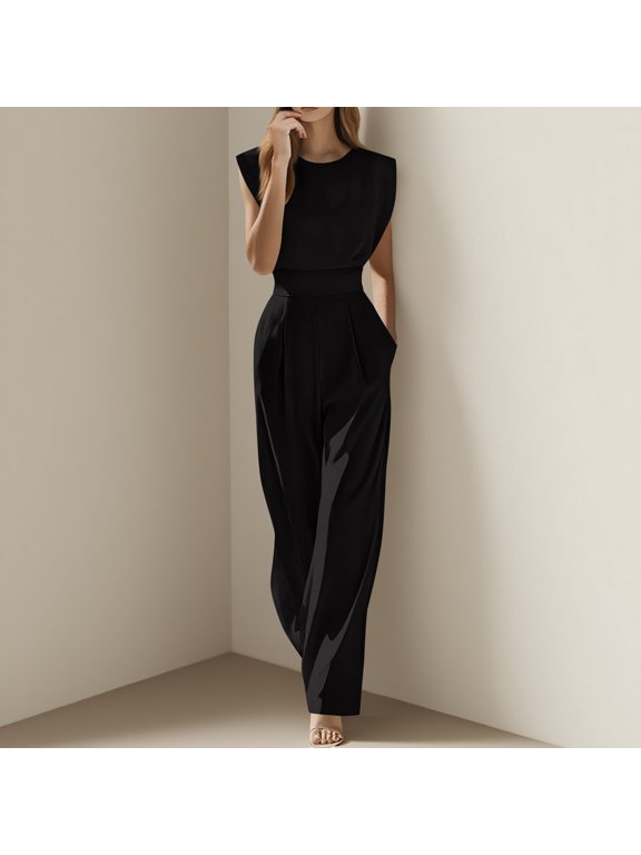 Womens Summer Wide Leg Jumpsuits Flowy High Waisted Palazzo Pants Sleeveless Casual Beach Vacation Lounge Outfits with Pockets Trousers