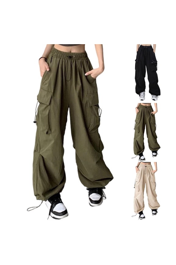 Womens Wide Leg Cargo Pants High Waisted Drawstring Loose Baggy Pants Utility Trousers with Pockets Casual Outdoor Lounge Slacks