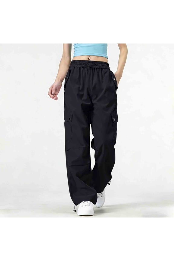 Womens Wide Leg Cargo Pants High Waisted Elastic Drawstring Waist Relaxed Fit Baggy Trousers with Pockets Utility Slacks