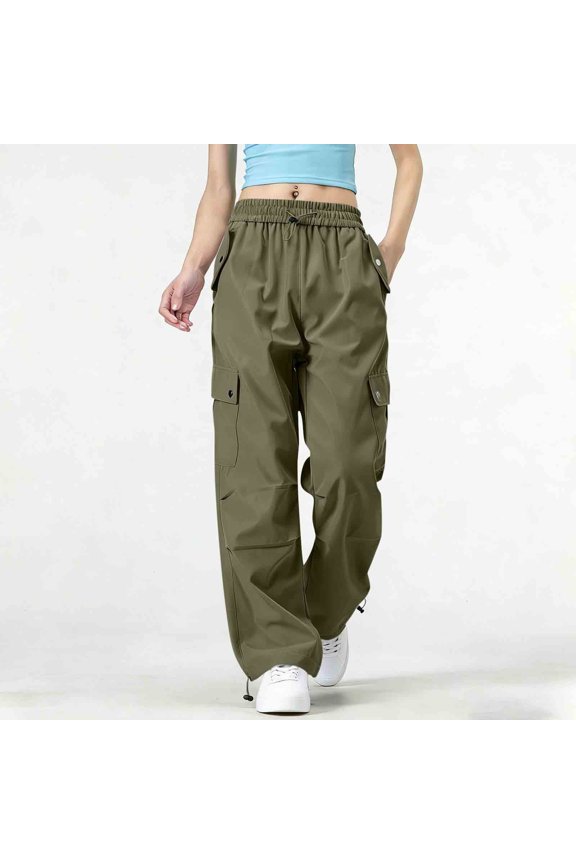 Womens Wide Leg Cargo Pants High Waisted Elastic Drawstring Waist Relaxed Fit Baggy Trousers with Pockets Utility Slacks