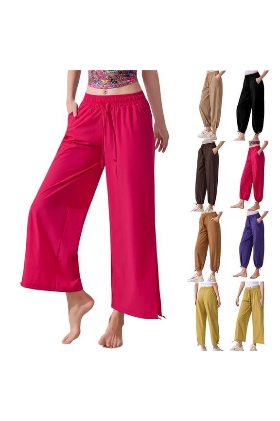 Womens Wide Leg Harem Pants High Waisted Flowy Boho Lounge Pants with Pockets Lightweight Drawstring Casual Summer Beach Vacation Pants