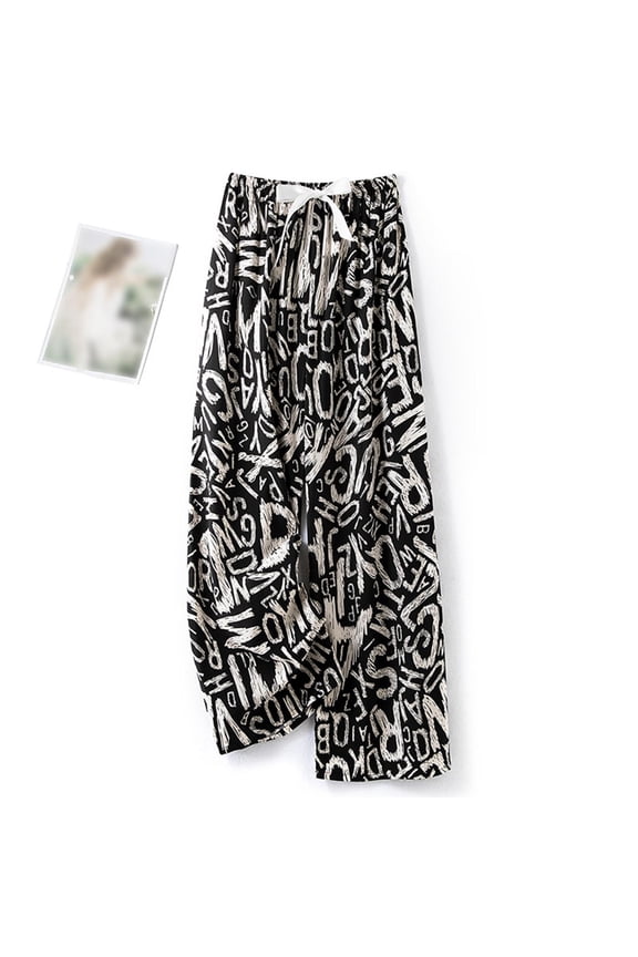 Womens Wide Leg Lounge Pants Elastic Waist Drawstring Palazzo Trousers Stretchy Letter Print Casual Flowy Loose Fit Pants