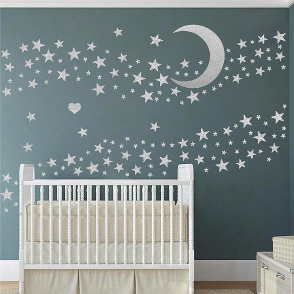Easma Star Wall Decals (191stars+1moon+1heart) 3 Size Silver Stars and Moon Decals Removable Peel and Stick Stickers Fits Kids Room Decor