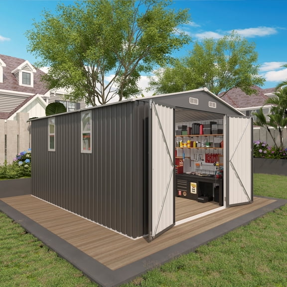 Easmvetaln 10x12FT Metal Outdoor Storage Shed with Two Windows, Garden Tool Shed for Backyard Patio (Gray)