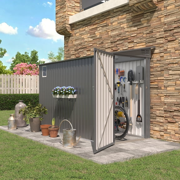 Easmvetaln 4x9FT Metal Lean To Shed with Window & Lockable Door, Outdoor Storage Shed for Backyard Garden (Gray)