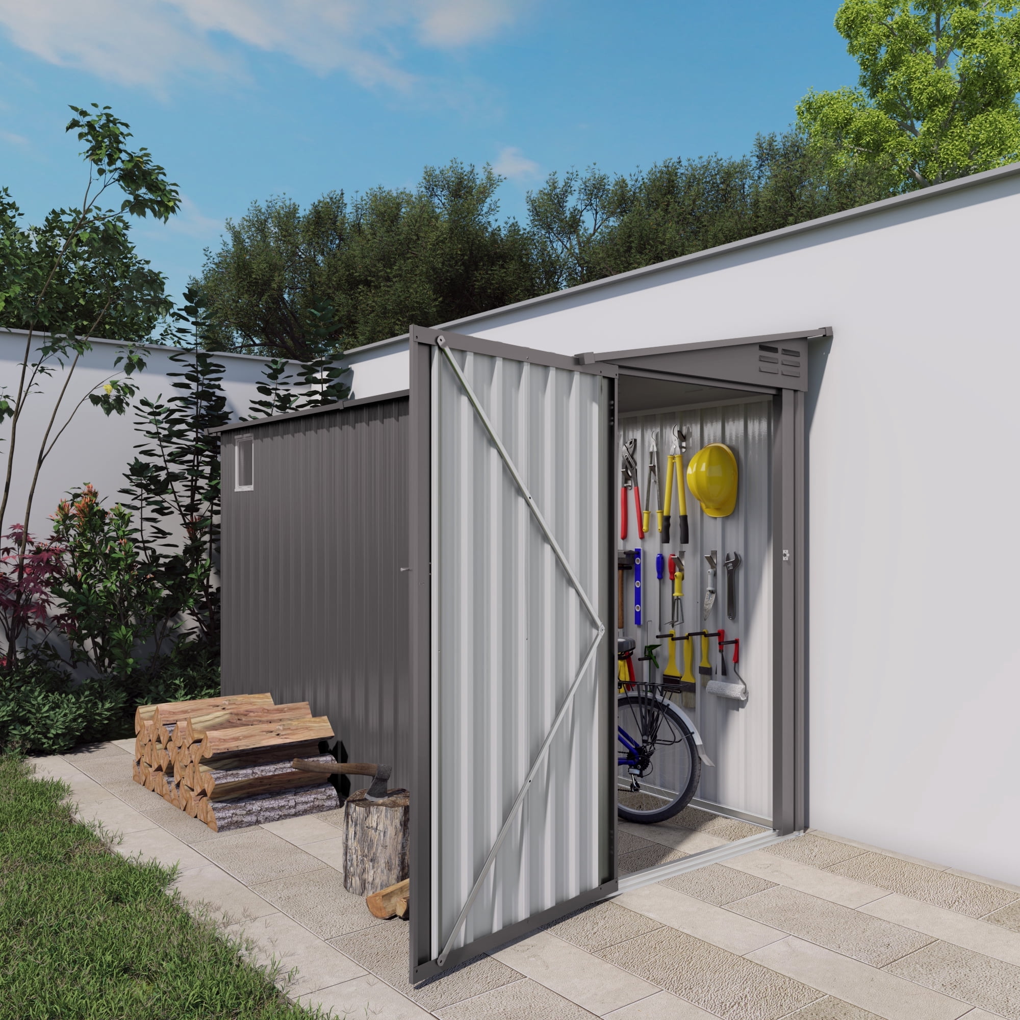 Easmvetaln 4x9FT Metal Lean To Shed with Window & Lockable Door, Outdoor Storage Shed for Backyard Garden (Gray)