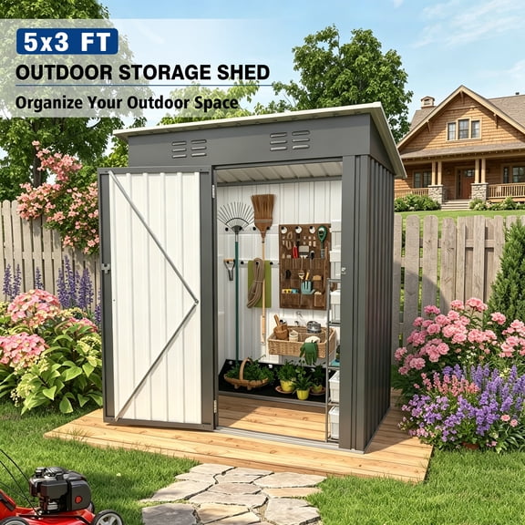 Easmvetaln 5x3FT Metal Lean To Shed, Outdoor Storage Shed for Patio Backyard Garden (Gray)