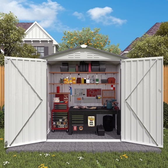 Vigo huseeo 6x3.6FT Outdoor Storage Shed with Window, Metal Garden Shed with Lockable Doors(White)