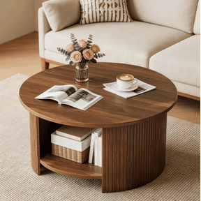 Easoger 31.5" Solid Wood Fluted Drum Coffee Table, Open Storage Shelf, Modern Farmhouse for Small Spaces, Walnut