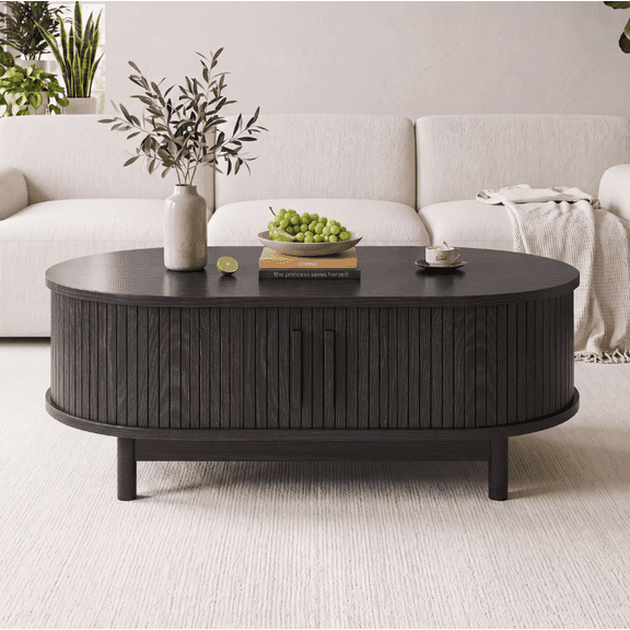 Easoger 39.4" Oval Coffee Table with Storage, Mid-Century Modern Fluted Coffee Table with Brass Handles, Wood Coffee Table for Living Room, Black