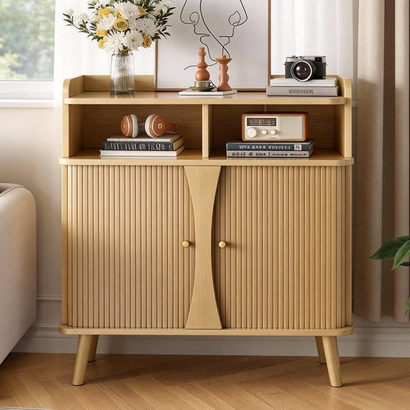Easoger 39" Buffet Sideboard Cabinet, Mid Century Modern Console Cabinet with Roller Shutter Sliding Doors & Adjustable Shelves for Living Room, Oak color
