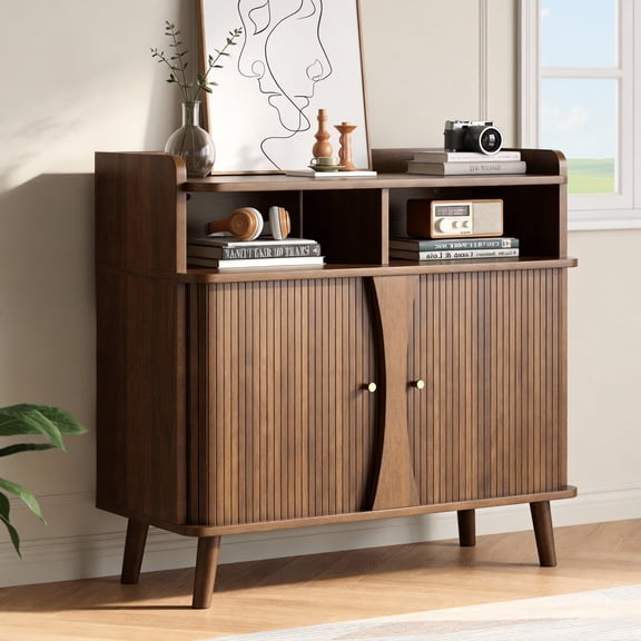 Easoger 39" Buffet Sideboard Cabinet, Mid Century Modern Console Cabinet with Roller Shutter Sliding Doors & Adjustable Shelves for Living Room, Walnut