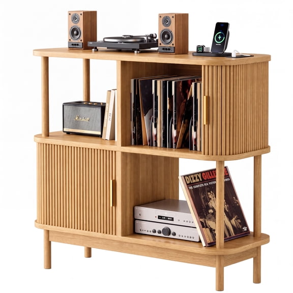 Easoger 40" Record Player Stand with Charging Station, Mid Century Modern Turntable Cabinet with Sliding Doors, Large Vinyl Storage Rack for Living Room Music Corner, Oak